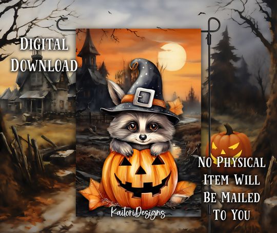 Discover Raccoon in Pumpkin Halloween Garden Flag Sublimation