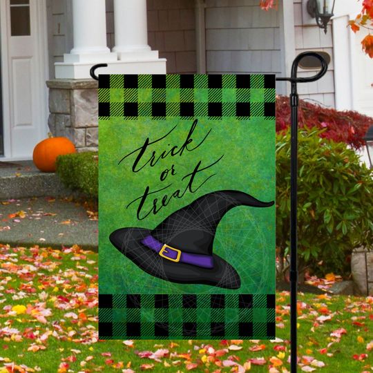 Discover 12x18 Garden Flag Sublimation Design, Trick Or Treat Witch Hat