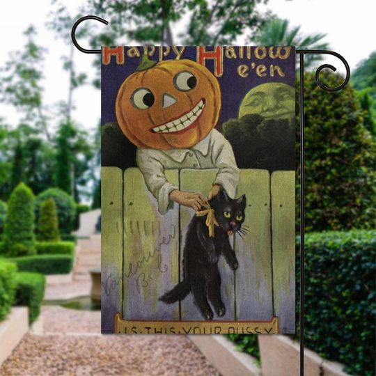 Discover Vintage Halloween Garden Flag - Pumpkin Head with Black Cat
