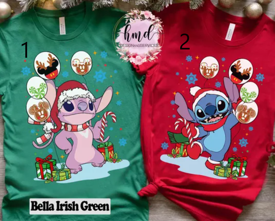 Disney Couple Stitch And Angel Balloon Christmas Light T-shirt, Mickey's Very Merry Xmas Party Matching Tee, Disneyland Family Trip Gift