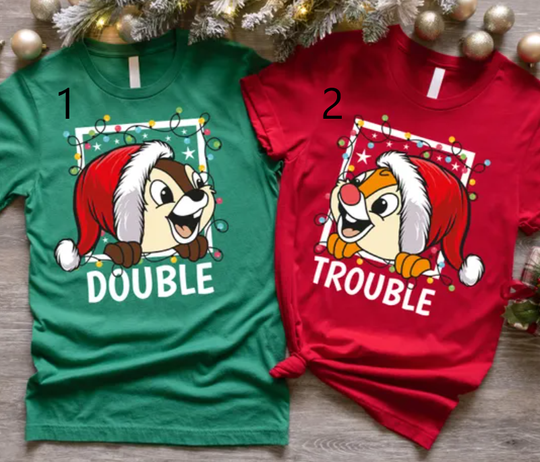 Double Trouble Chip N Dale Christmas Sweatshirt, Christmas Couples Matching T-Shirt, Disney Chip And Dale In Red Christmas Hat Tee