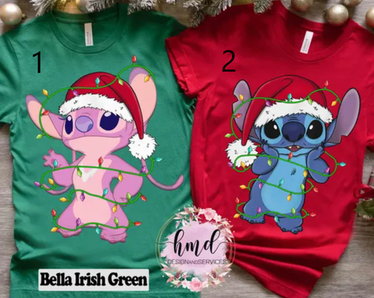 Disney Couple Santa Stitch And Angel Christmas Lights T-shirt, Mickey's Very Merry Xmas Party Matching Tee, Disneyland Family Trip Gift