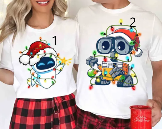 Disney Couple  Pixar Wall-E and EVE Christmas Lights Costume Matching T-Shirt, Mickey's Very Merry Xmas Party Tee, Disneyland Holiday Gift