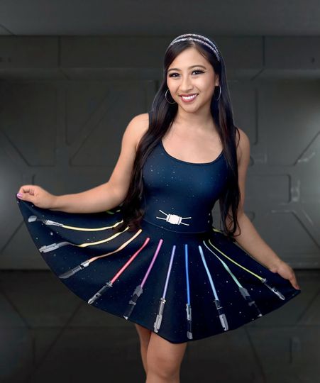 Discover Cosplay Galactic Glow: Colorful Light Swords Skater Dress
