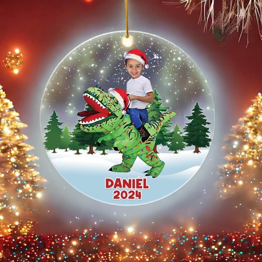 Discover Personalized Cute Kid Rides The Dinosaurus Christmas Light Acrylic Ornament, Custom Baby Face Photo Ornament, Cute T-Rex Boys Christmas 2024