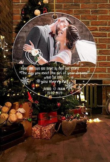 There Are Two Big Days In Any Love Story, Custom Photo Crystal Ornament, Christmas Gift For Newlyweds, Gift Wedding Ornament, Gift For Her