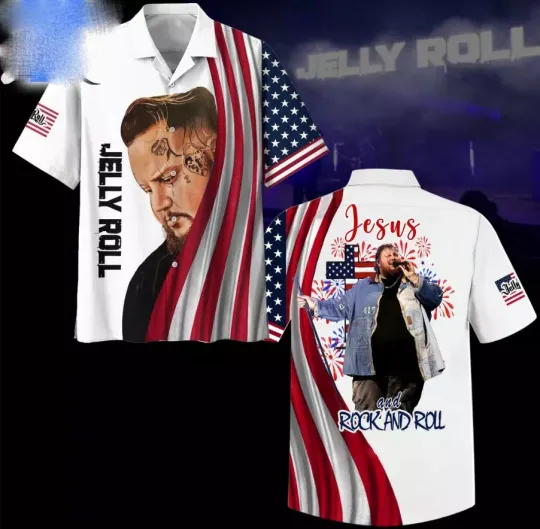 Jelly Roll Jesus And Rock And Roll Hawaiian Shirt American Flag 4Th Of July