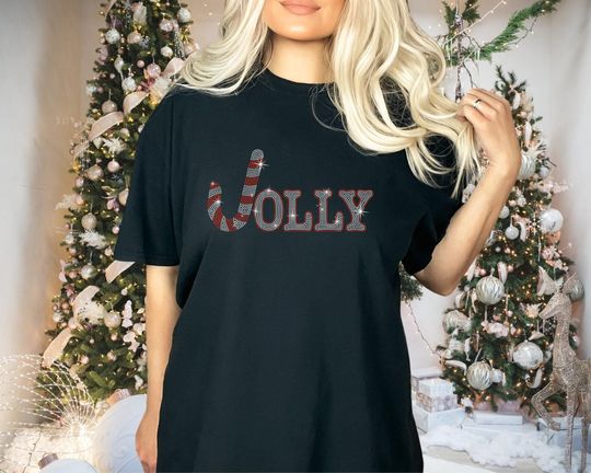 Jolly Christmas Rhinestone Shirt, Retro Festive Season Shirt, Xmas Glittering Short or Long Sleeve Tee, Christmas Holiday Fun Shirt