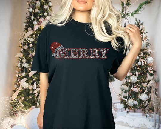 Merry Christmas Rhinestone Shirt With Santa Hat, Retro Xmas Gift Long or Short Sleeve Lights Tee Shirt, Glittering Santa Claus Sweatshirt