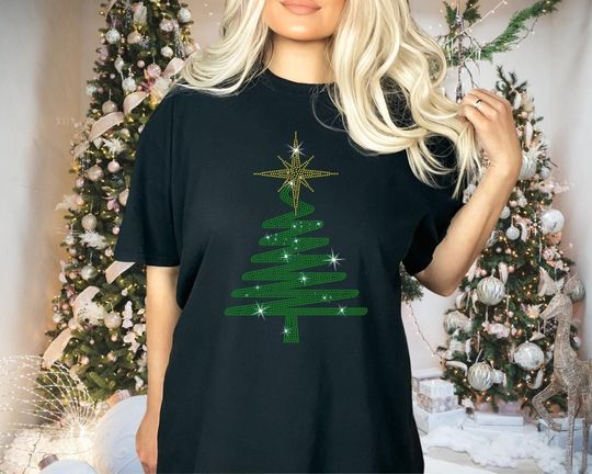 Discover Pine Tree Christmas Rhinestone Light Shirt, Merry Christmas Evergreen Tree Tee, Bright Holiday Shirt, Perfect Xmas Gift for Nature Lovers