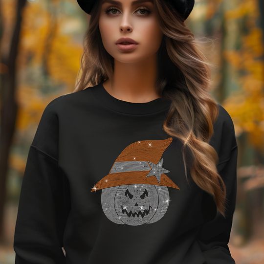 Pumpkin with Witches Hat Rhinestone Shirt, Fall Vibes Short Sleeve Tee, Unique Design on Premium Unisex Shirt, Best Gift For Halloween