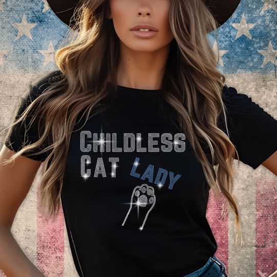 Discover Childless Cat Lady Rhinestone Shirt, Childless Cat Lady For Kamala Shirt, Democrats for Kamala Harris 2024 Shirt, Kamala Merch Shirt