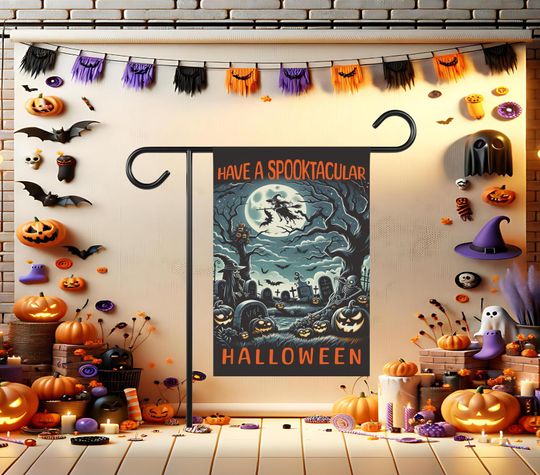 Discover Spooktacular Halloween Garden Flag - Witch and Pumpkins yard flag house banner holiday