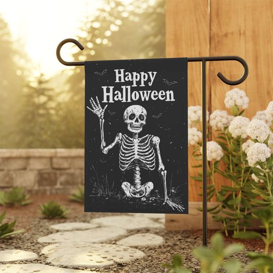 Discover Fun Skeleton Welcome Flag | Happy Halloween Garden Flag | Spooky Black Bats Garden Flag