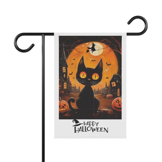 Black Cat and Pumpkins Halloween Garden Banner, Spooky Ghost Town