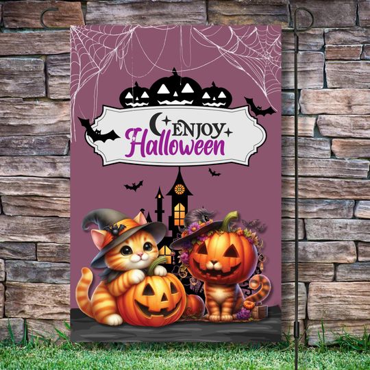 12x18 Garden Flag Design, Enjoy Halloween, Orange Cats