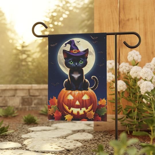 Discover Midnight Magic: Black Cat Halloween Garden Flag