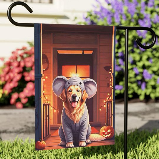 Discover Garden Flag, Outdoor Banner with Cute Golden Retriever