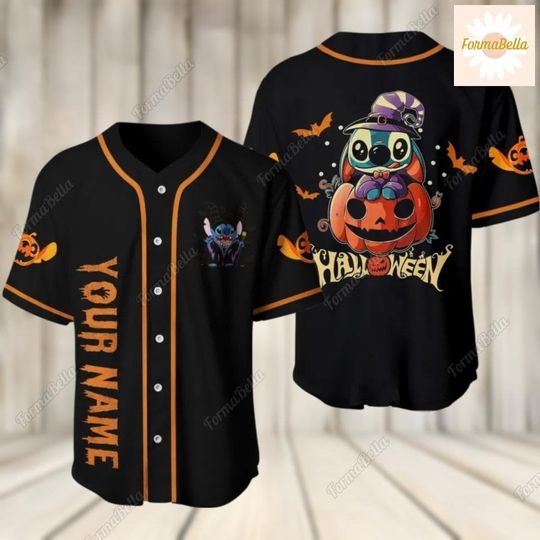 Halloween Stitch Jersey, Personalized Disney Horror Witch Stitch Halloween Pumpkins, Custom Disney Jersey, Lio And Stitch Horror Jersey