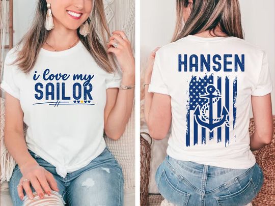 Discover Personalized military shirt, I love my sailor tshirt, wife, mom tshirt, custom tee, proud family shirt, navy girlfriend gift, last name tee