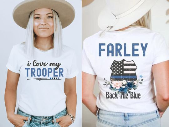 Discover Personalized police shirt, officer Wife Gift, girlfriend shirt, I love my trooper, policeman mom shirt, custom state trooper, back the blue