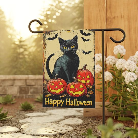 Discover Cute Black Cat Welcome Flag | Happy Halloween Garden Flag