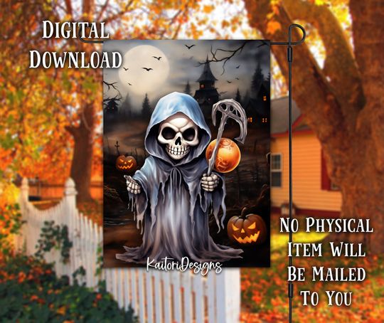 Discover Grim Reaper Cartoon Spooky Halloween Garden Flag Sublimation Design Template