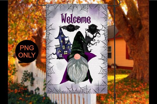Discover Halloween garden flag design, sublimation design, Dracula gnome with bats