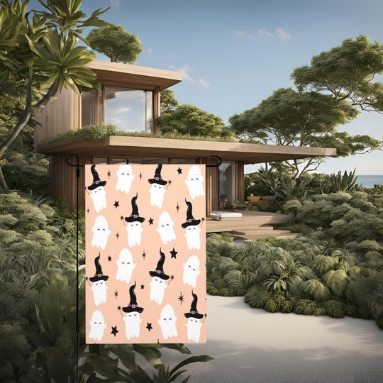 Discover Halloween Garden Flag | Cute Ghosts in Witch Hats with Stars Desig