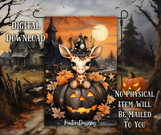Baby Giraffe in Pumpkin Halloween Garden Flag Sublimation Design