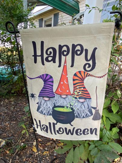 Discover Halloween Garden Flag. Gnome Witches. Cute Halloween Outdoor decor