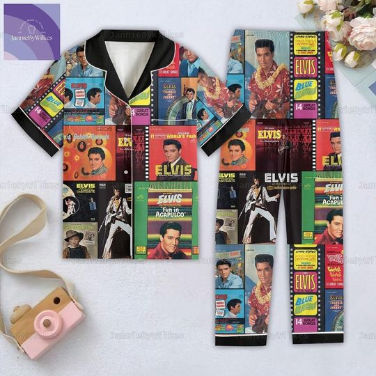 Elvis Presley Pajamas Set, Elvis Blue Hawaii Pjs, Rock And Roll Gifts, Elvis Short Sleeve Pajamas, Elvis Holiday Pajamas, Pajamas Pants