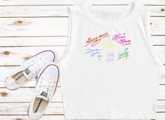 Discover Disney Mickey Minnie Goofy Pluto Donald Duck Daisy Autographs Crop Tank DLR DCA WDW Disney Signatures Tank