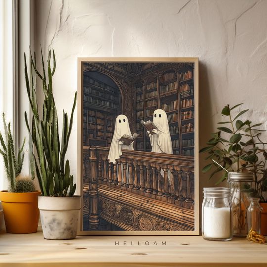Discover Two cute ghosts in a library print, romantic dark academia, moody cottagecore spooky decor