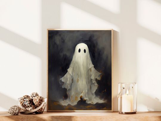 Ghost Painting PRINTABLE Art Print, Halloween Home Decor, Abstract Cute Ghost Oil Painting