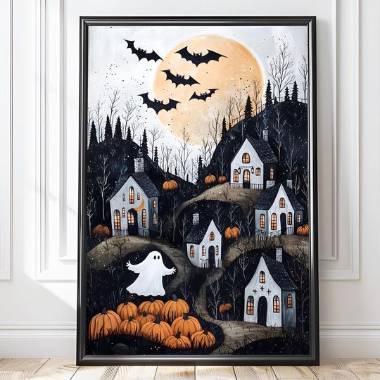 Discover Halloween Town Folk Art Print Halloween Ghost Wall Art, Halloween Pumpkin Vintage