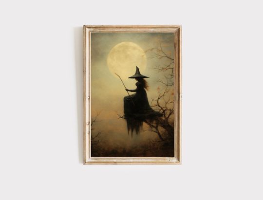 Halloween witch art print, dark academia wall decor, spooky witch
