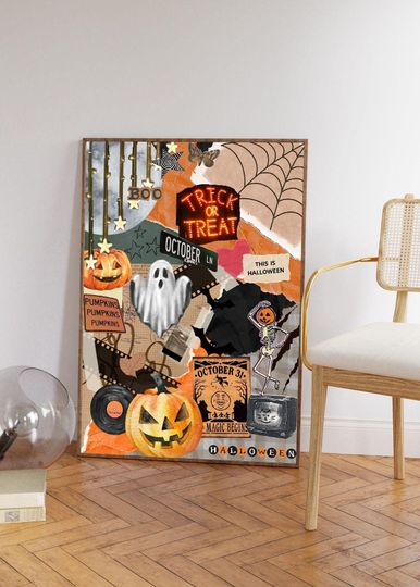 Discover Vintage Halloween Wall Art Print | Retro Spooky Decor | Black Cat, Witch, and Pumpkin