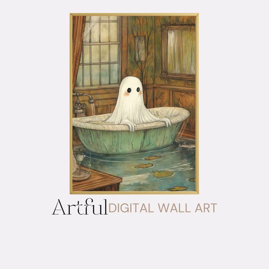 Discover Funny ghost Halloween Art Printable, Ghost in bathtub Vintage Poster