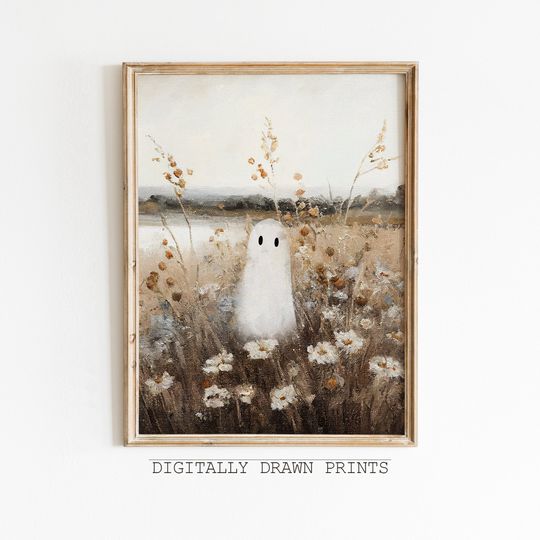 Discover Cute Ghost on a Flower Meadow Vintage Painting, Spooky Farmhouse Halloween Decor