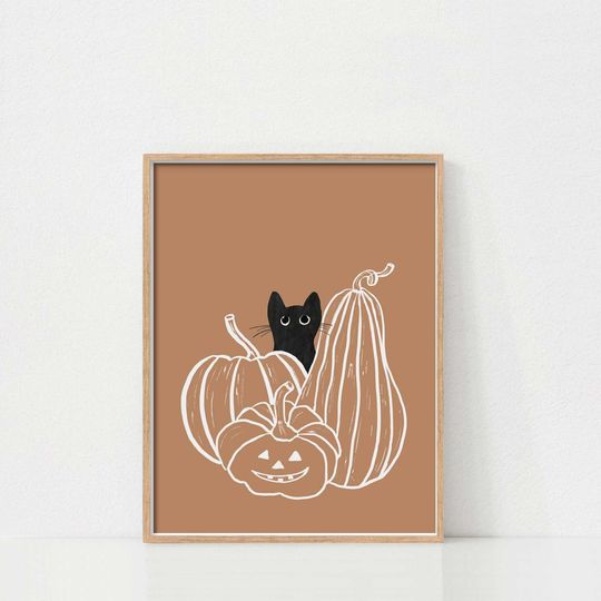 Discover Halloween Cat and Pumpkin Art, Halloween Wall Art, Halloween Poster