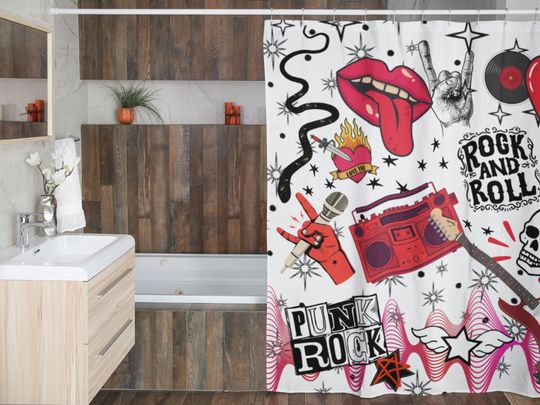 Discover Retro Shower Curtain | Rock and Roll Shower Curtain | Tattoo Shower Curtain | Punk Shower Curtain | 80s | Retro | Shower Curtain