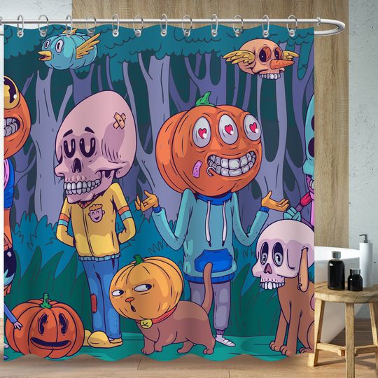 Discover Evil Pumpkin shower curtains, Horror Skeleton Monster bath curtains, Halloween Party Decor