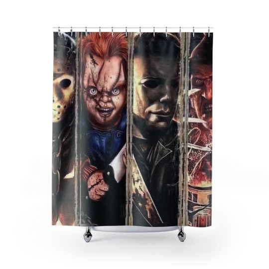 Shower Curtain Horror Lovers | Spooky Slasher Villains Design | Perfect Bathroom Decor for Halloween Scary Movie Nights