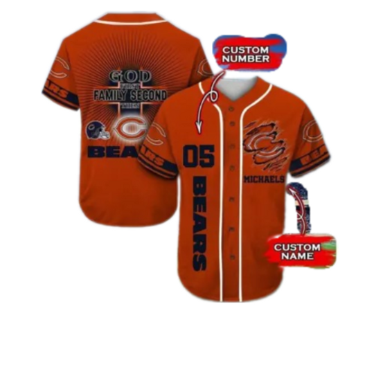 Discover Personalized Chicago Bears God First Family Second All Over Baseball Shirt