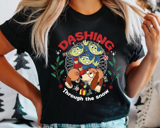 Toy Story Characters Dashing Through The Snow Shirt, Slinky Dog Aliens Disney T-shirt