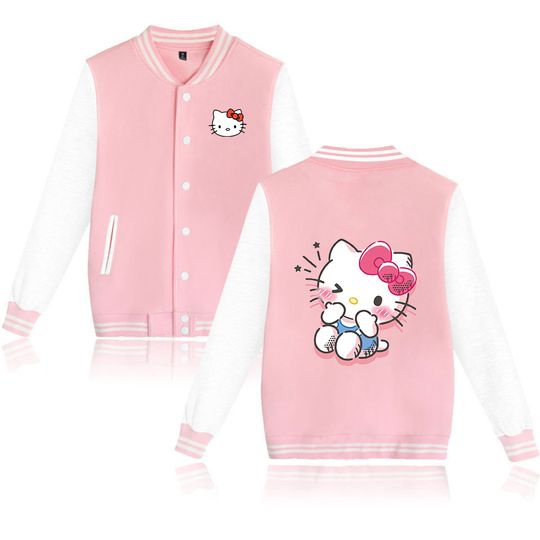 Discover Hello Kitty Baseball Jacket Men Women Hip Hop Harajuku Jackets Streetwear Kids Boys Girls Loose College Coats
