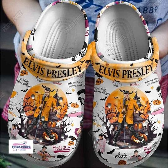 Halloween Elvis Presley Clogs, Rock and Roll Pumpkin Music, Elvis Presley Witch Horror, Elvis Spooky Season Slippers