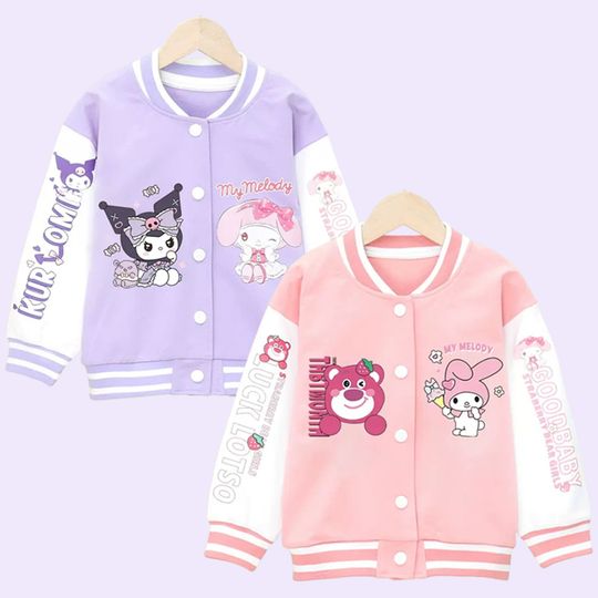 2024 Spring Autumn Teen Girls Sanrio Kuromi Jacket Kids Cartoon My Melody Princess Outerwear Children Baseball Uniform Sport Top