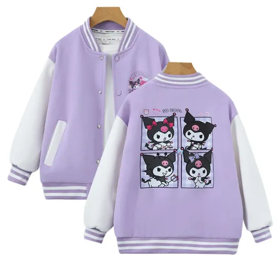 Sanrio Kuromi Print Baseball Uniform Kids Coat Top Button Up Autumn Jacket for Spring Fall School Baseball Suit